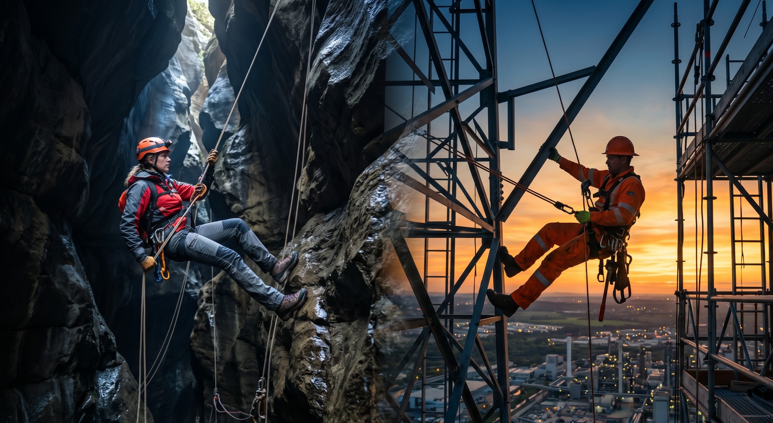 Wilderness survival mechanics contrasting with industrial scaffolding execution